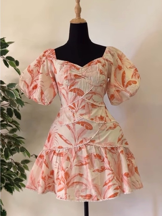 Lipsy Dresses & Skirts - Lipsy Coral Floral Puff-Sleeve Mini Dress